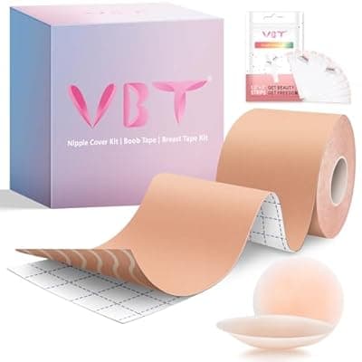 [VBT] VBT Boob Tape - Breast Lift Tape, Body Tape for Breast Lift w 2 Pcs Silicone Breast Reusable Adhesive Bra, Bob Tape for Large Breasts A-G Cup, Nude