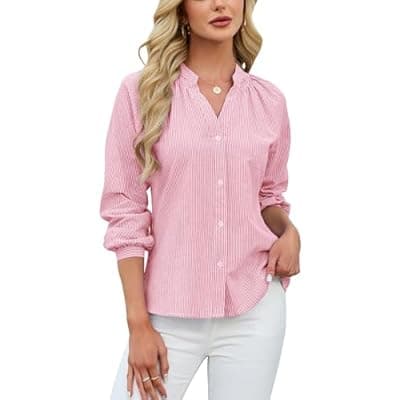 [Blooming Jelly] Blooming Jelly Womens Striped Button Down Shirt V Neck Long Sleeve Cotton Blouse Business Casual Trendy Fashion Work Tops