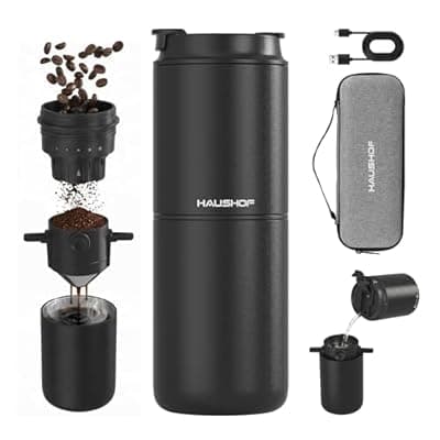 [WORKPRO] HAUSHOF Portable Electric Coffee Grinder, Travel Coffee Maker and Brewing Kit, Coffee Grinders for Home Use, Portable Pour Over Coffee Maker For Travel, Camping, Car