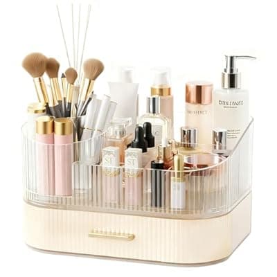 Makeup Organizer for Vanity with Stackable Drawers, 360 Rotating Makeup Brush Holder Large Cosmetic Display Case for Dresser, Bathroom Countertop Skincare Storage, Ideal Gift for Girls