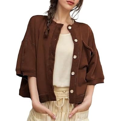 [QIBABU] QIBABU Womens Button Down Cardigan Casual Open Front 3/4 Sleeve Crewneck Sweatshirt Tops