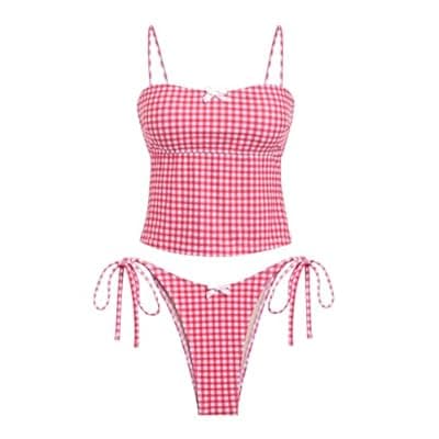 [seamoly] seamoly Women's Tankini Sets Sexy Open Back Two Piece Swimsuit High Cut Side Tie Thong Bathing Suit Floral Gingham Bikini