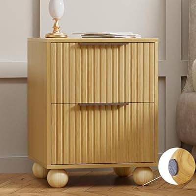 [HOCAT] HOCAT Fluted Nightstand - Modern Boho Oak Wood nightstand with Storage Drawer, Mid Century Bedside Table with Solid Wood Legs for Bedroom and Small Spaces