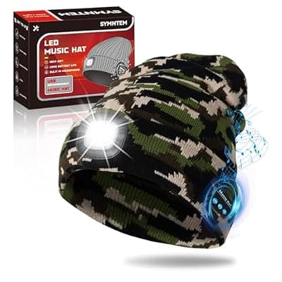 [SYMNTEM] SYMNTEM Fathers Day Dad Gifts, Rechargeable Bluetooth Music Unisex Beanie Hat with Light for Hiking, Camping, Running, Birthday Gifts for Men, Dad, Husband, Women, Camouflage
