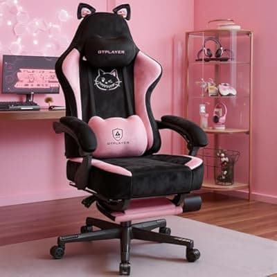 [GTPOFFICE] GTPOFFICE Cute Gaming Chair with Cat Ears,Ergonomic Computer Chair with Footrest Cat Paw Lumbar Support Comfortable Reclining Game Chair Desk Chair for Adult Teens, Soft Fabric, Pink Black