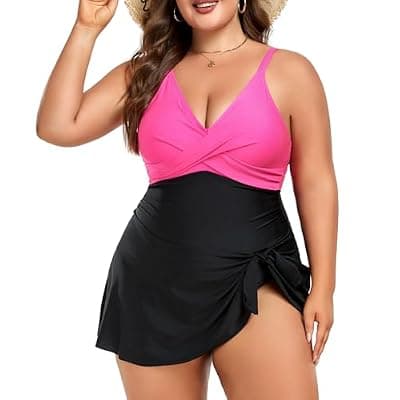 [MFAVIP] MFAVIP Women Plus Size Swim Dress Tummy Control One Piece Swimsuit Wrap Full Coverage Modest Bathing Suit Cute Tie Knot