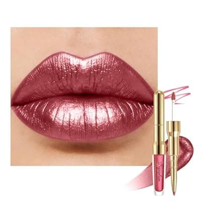 [Depuplum] Depuplum Nude Metallic Lipstick and Lip Liner Combo Makeup 2-in-1 Shimmer Glitter Lipsticks for Women, Metallic Lip Gloss Stain Waterproof Smudgeproof Mude Pink Long Lasting Lipsticks (GB18 Paradise)