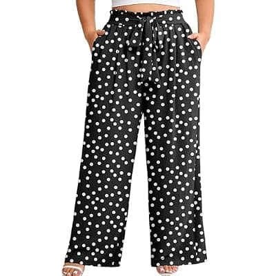 [AusLook] AusLook Plus Size Wide Leg Pants for Women High Waist Elastic Palazzo Casual Lounge Pants with Pockets Beach Trousers 1X-5X