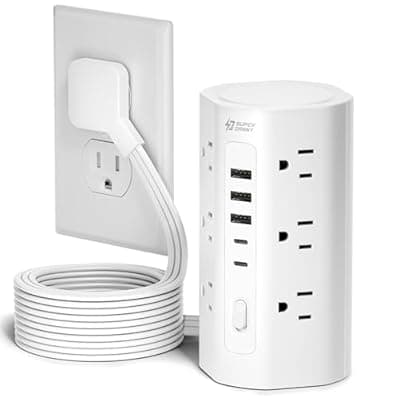 [SUPERDANNY] 10Ft Extension Cord Power Strip Tower with Multiple Outlets, Flat Plug Power Tower 1700J Surge Protector, 12 AC Outlets 5 USB Ports (2 USB C), Desk USB Charging Station, Home Office Dorm Room, White