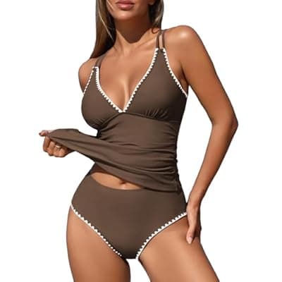 [ZAFUL] ZAFUL Womens Tankini Swimsuits V Neck Push Up Swim Top Color Block Tummy Control High Waisted Bathing Suits Swim Bottom