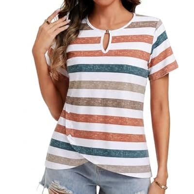 [MFAVIP] MFAVIP Womens Short Sleeve 2026 T-Shirts Crew Neck Summer Tops Casual Basic Trendy Cutout Tee Button Asymmetric Hem
