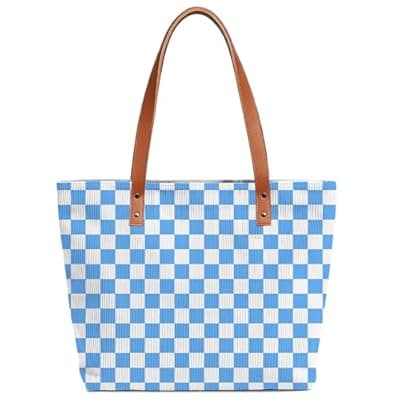 [ZVUZVO] ZVUZVO Checkered Corduroy Tote Bag With Leather Handle for Women Men Gifts, Reusable Grocery Bags for Work Travel Shopping