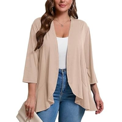 [AusLook] AusLook Women's Plus Size 3/4 Sleeves Lightweight Open Front Cardigan Draped Ruffles Shawls and Wraps Shrugs Kimono Jacket