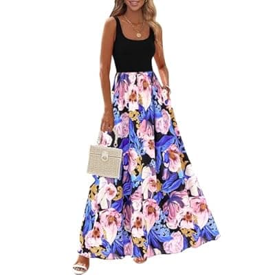 [KIRUNDO] KIRUNDO Women Summer Sleeveless Boho Floral Maxi Dress 2026 Scoop Neck Tank A Line Flowy Beach Vacation Resort Wear Sundress