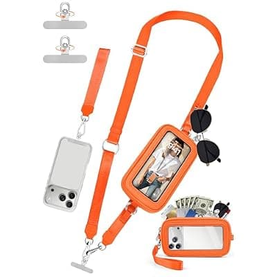 [takyu] takyu Clip and Go Strap for Phone with Wallet Crossbody, 4-in-1 Hands-Free Phone Lanyard with Detachable RFID Wallet with ID Window, Cross Body Strap for Women Travel, Orange