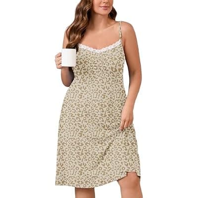 [AusLook] AusLook Plus Size Women's Nightgown Spaghetti Strap Sleepwear Sleeveless Lace V Neck Cami Sleep Dress