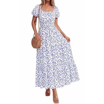 [BTFBM] BTFBM Summer Dress for Women 2026 Spring Floral Short Sleeve Casual Flowy A-Line Smocked Tiered Maxi Dresses Pockets
