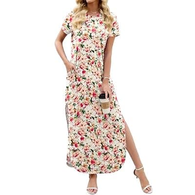[Heymoments] Heymoments Womens Summer Maxi Dress Short Sleeve Casual Loose Long T Shirt Split Vacation Beach Sundress with Pockets