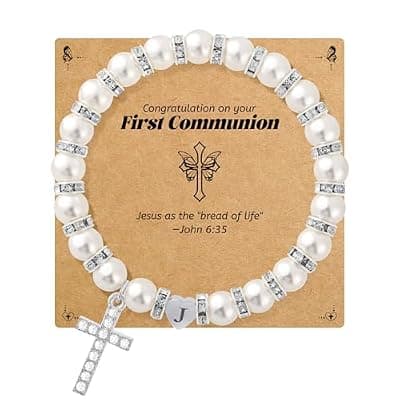 [BAYLAY] BAYLAY First Communion Gifts for Girls, Cross Bracelet for Teen Girl First Communion Bracelet for Girls Pearl Letter Initial Charm Bracelet First Holy Communion Gifts for Girl Catholic