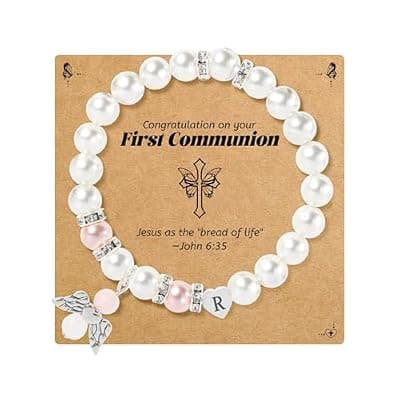 [BAYLAY] BAYLAY First Communion Gifts for Girls, First Communion Bracelet for Girls, Angel Wings Heart Letter Initial Pearl Bracelet, First Communion Gifts for Girls Catholic, Teen Girls First Communion Gifts