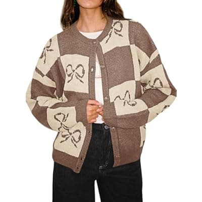 Saodimallsu Womens Checkered Sweater Bow Color Block Plaid Cardigan Long Sleeve Button Open Front Knit Coat