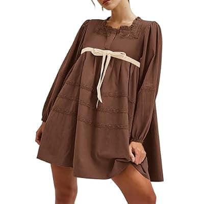 [Burtell] Burtell Women Flowy Long Puff Sleeve Mini Dress Casual Square Neck Lace Embroidered Babydoll Dress Bow Tie A-line Tunic Dress