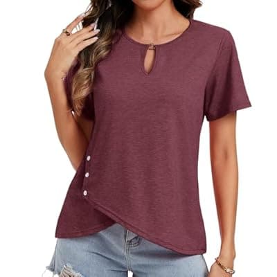 [MFAVIP] MFAVIP Womens Short Sleeve 2026 T-Shirts Crew Neck Summer Tops Casual Basic Trendy Cutout Tee Button Asymmetric Hem
