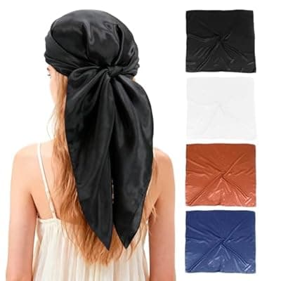 [Ciormis] Ciormis Soild Color Satin Head Scarf, 4 Pcs 35" Large Square Hair Scarves Beach Retro Bandana Silk Feeling Headscarf Neck Scarfs for Women (Black/Coffee Brown/White/Navy Blue)