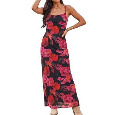 [ZAFUL] ZAFUL Womens 2026 Summer Maxi Dress Spaghetti Strap Mesh Stretch A Line Dresses Casual Beach Wedding Guest Slip Long Sundress