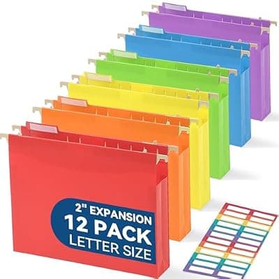 [SortRax] SortRax Plastic Extra Capacity Hanging File Folders, 2" Assorted Colors Expanding Pocket, Heavy Duty for Filing Cabinet, Insertable 1/5-Cut Tabs, Letter Size - 12 Pack