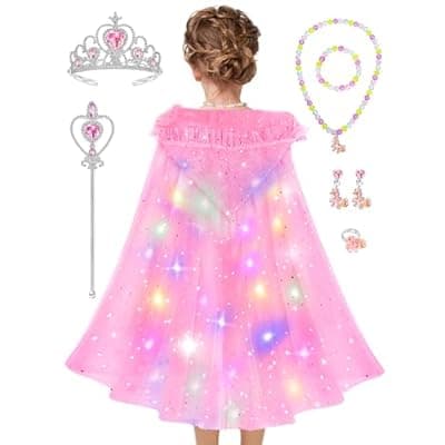 VENSEEN Princess Dress Up Cloth for Girl 3-8 Years, Kids Light Up Cape with Toy Wand, Toddler Costume Dressup Gift