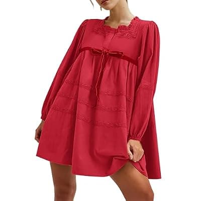 [Burtell] Burtell Women Flowy Long Puff Sleeve Mini Dress Casual Square Neck Lace Embroidered Babydoll Dress Bow Tie A-line Tunic Dress