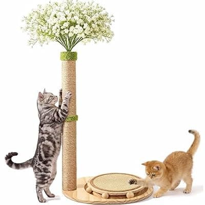 [Catails] Catails Cute Babys Breath Flower Cat Scratching Post, 39" Tall Cat Scratcher, Interactive Cat Toys with Ball Track & Spring Ball, Cat Scratch Post with Pad for Indoor Cats Adults and Kittens