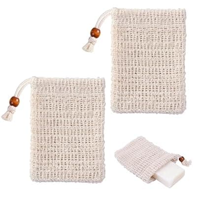[ACKKOR] 2 x Sisal Soap Bags for Shower, Natural Sisal Exfoliating Soap Bags for Foaming with Drawstring for Drying Soaps and Exfoliation