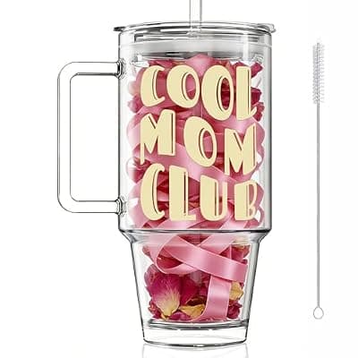 [KEMORELA] Mothers day gifts 24oz Glass Tumbler with Handle and Leak-Proof Lid,1PCS Cute COOL MOM CLUB Print Glass Cup for Iced Coffee, Tea, Smoothies, Perfect Mama Birthday Gift for Mom from Daughter, Son
