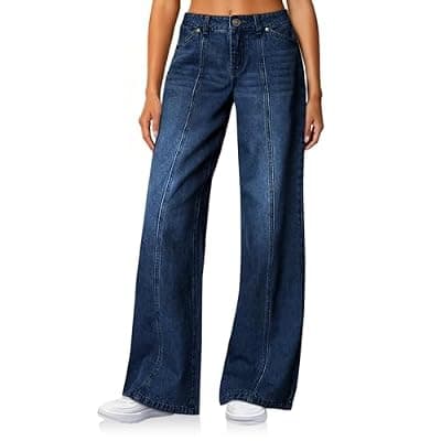 [Cicy Bell] Cicy Bell Womens Wide Leg Jeans High Waisted Baggy Stretchy Front Seam Denim Pants with Pockets