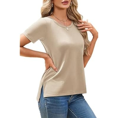 [Herou] Herou Women's Short Sleeve T-Shirt - Crew Neck Causal Plain Outfit Top with Side Split