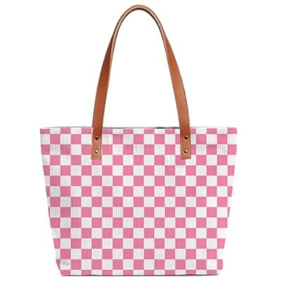 [ZVUZVO] ZVUZVO Checkered Corduroy Tote Bag With Leather Handle for Women Men Gifts, Reusable Grocery Bags for Work Travel Shopping
