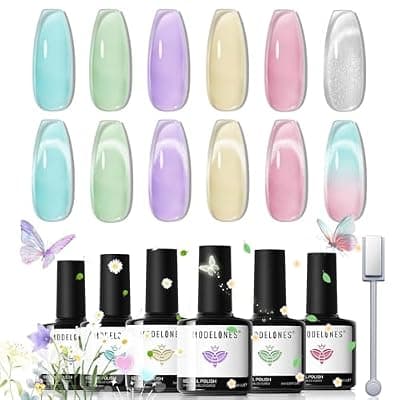 [modelones] modelones Gel Nail Polish Set, 6 Colors 2026 Spring Summer Silver Cat Eye Gel Polish Translucent Pastel Sheer Pink Yellow Lavender Purple Baby Blue Mint Green Jelly Nail Polish W Magnet LED DIY Gift
