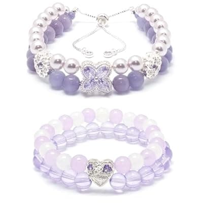 [Abhtpty] Abhtpty 2PCS Bracelet for Women, Handmade Beaded Bracelet Cubic Zirconia Violet Stretch Adjustable Heart Slider Bracelet Elegant Jewelry Gift Summer Birthday Gift