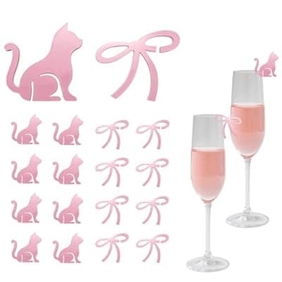 [DALOUGHNA] 20 Pcs Bow Wine Glass Markers Cat Drink Charms, Pink Bowknot Drink Tag, Coquette Birthday Wedding Bachelorette Tasting Party Decoration