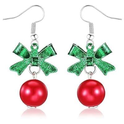 XIUQILAI Christmas Earrings for Women, Ribbon Bow Festive Red Green Ball Dangle Drop Earrings for Women Bowknot Fish Hook Dangling Hypoallergenic Christmas Festival Jewelry Gifts