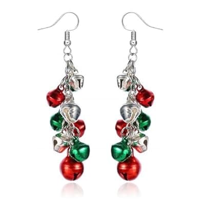 XIUQILAI Christmas Earrings for Women, Red Green Jingle Bell Silver Chain Dangle Earrings for Women Tinkle Bell Fish Hook Festival Party Christmas Jewelry Gifts