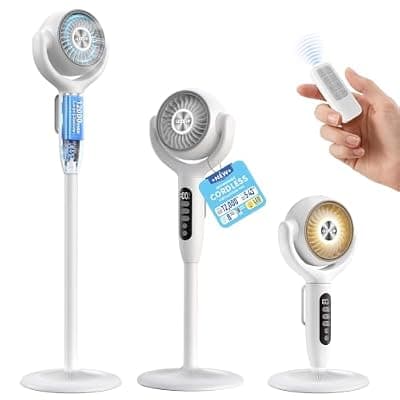 [Gentsvip] 12000mAh Battery Powered Air Circulator Fan, 3-in-1 Height Adjustable Floor/Table/Desk Oscillating Pedestal Fan with LED Light, 20dB Quiet Cordless Rechargeable Cooling Fan for Bedroom Outdoor