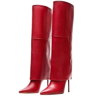 [KaroNairy] KaroNairy Women’s Knee High Boots, Fold Over Tall High Heel Boots Stiletto Pointed Toe Fashion Dress Boots for Fall Winter