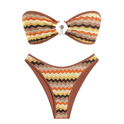 [ZAFUL] ZAFUL Womens Bandeau Bikini Set Metallic Sparkly O Ring Lace Up Tie Side High Cut Tanga Sexy Bathing Suit Swimwear
