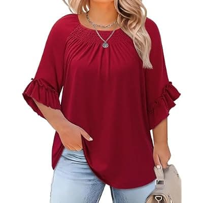 [Gzrsfz] Gzrsfz Womens Plus Size Tops 3/4 Ruffle Sleeve Crew Neck Blouse Boho Pleated Summer Tunic Vacation Office