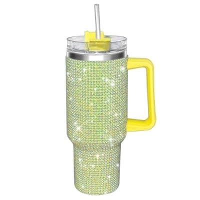 [HWISDMIG] Bling Rhinestone Studded Tumbler with Top Handle, Bling Cups Stainless Steel Water Bottle Diamond Glitter Tumbler for Women - Birthday Gifts for Women, Mom,Get Well Soon Gifts (Pomelo)