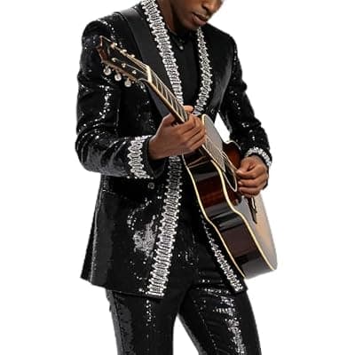 [GHNXCY] Men's Sequined Blazer, Black with Silver Trim, Performance Stage Jacket for Wedding Banquet