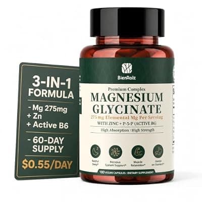 [BienRa\u00EDz] BienRaiz Magnesium Glycinate,275mg Magnesium Per Serving,Zinc Glycinate& Active B6 (P-5-P),Premium Supplement for Sleep,Muscle Support Aid & Immune Support - $0.55/Day 60-Day Supply(180 Caps)